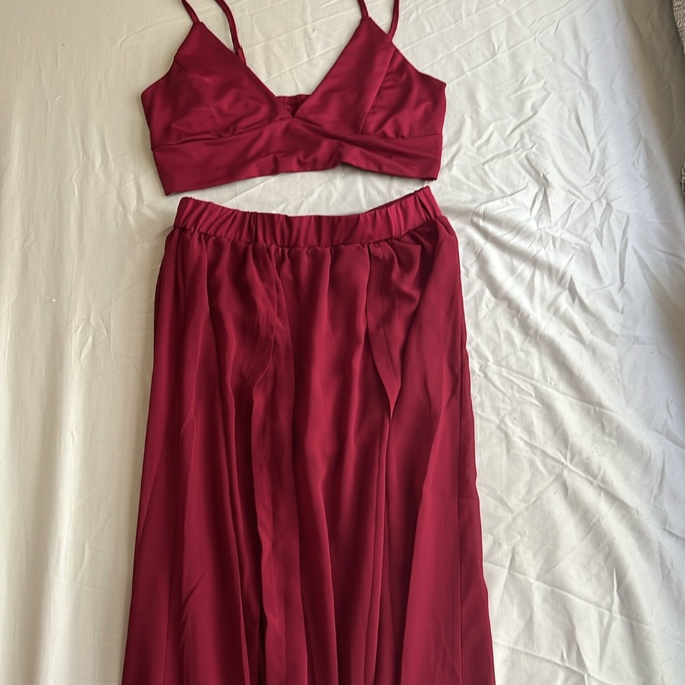 Maroon 2 piece beach outfit.
